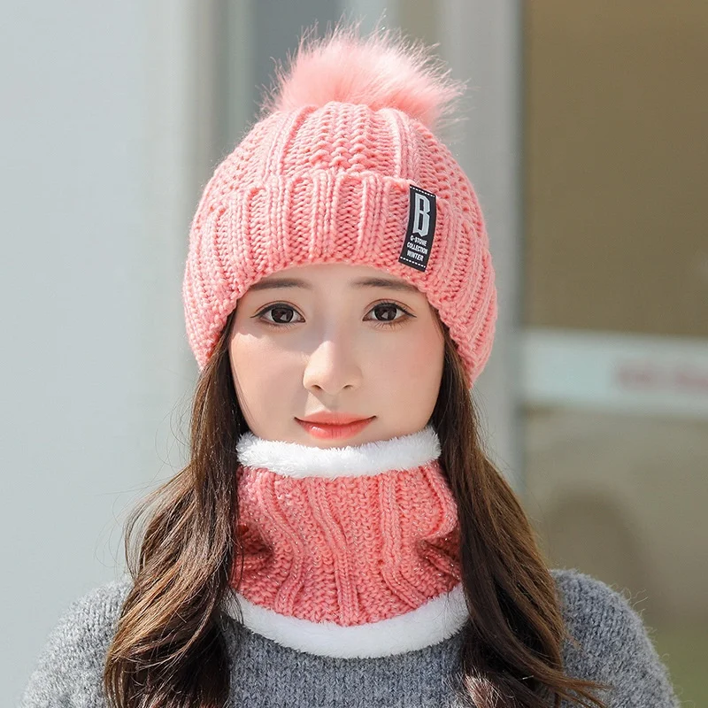 Оптовая продажа зимняя женская Лыжная шапка с напуском вязаная шерстяная теплая Шапка-бини помпоном шарф для девочки толстой флисовой подкладкой
