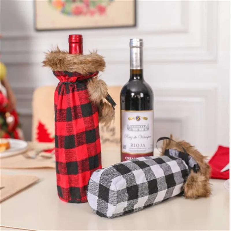 Рождество Buffalo Plaid бутылки вина крышки свитер из искусственного меха чехол с креплением на ремень для рождественской