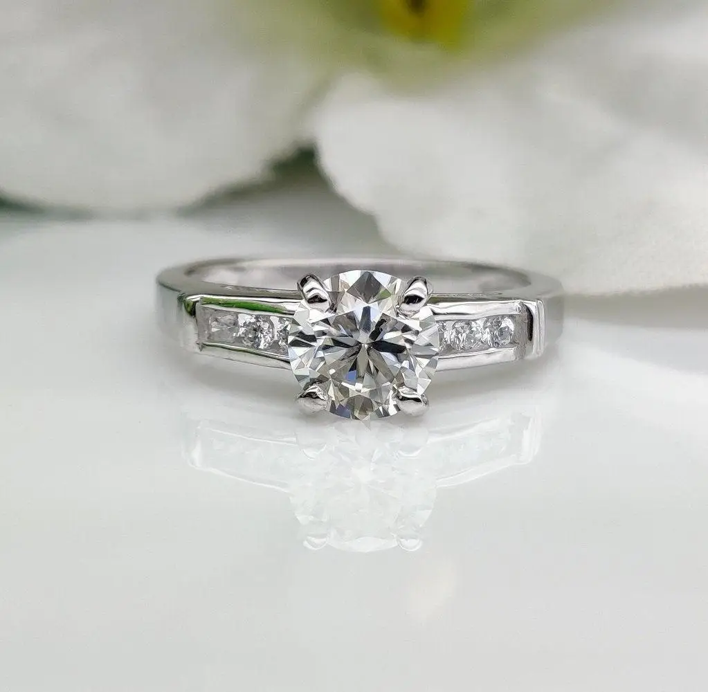 100% Genuine Round Brilliant Cut DEF Moissanite Diamond Solitaire With Accents Engagement Ring in 14k Solid White Gold By Ritzin