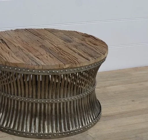 Round Antique Wood Coffee Table, Vintage Railway Sleeper wood Coffee table