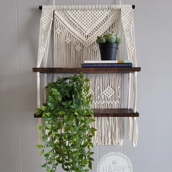 Modern Multi Layer Macrame Floating  Round Square Rectangle Wooden Plank Shelf