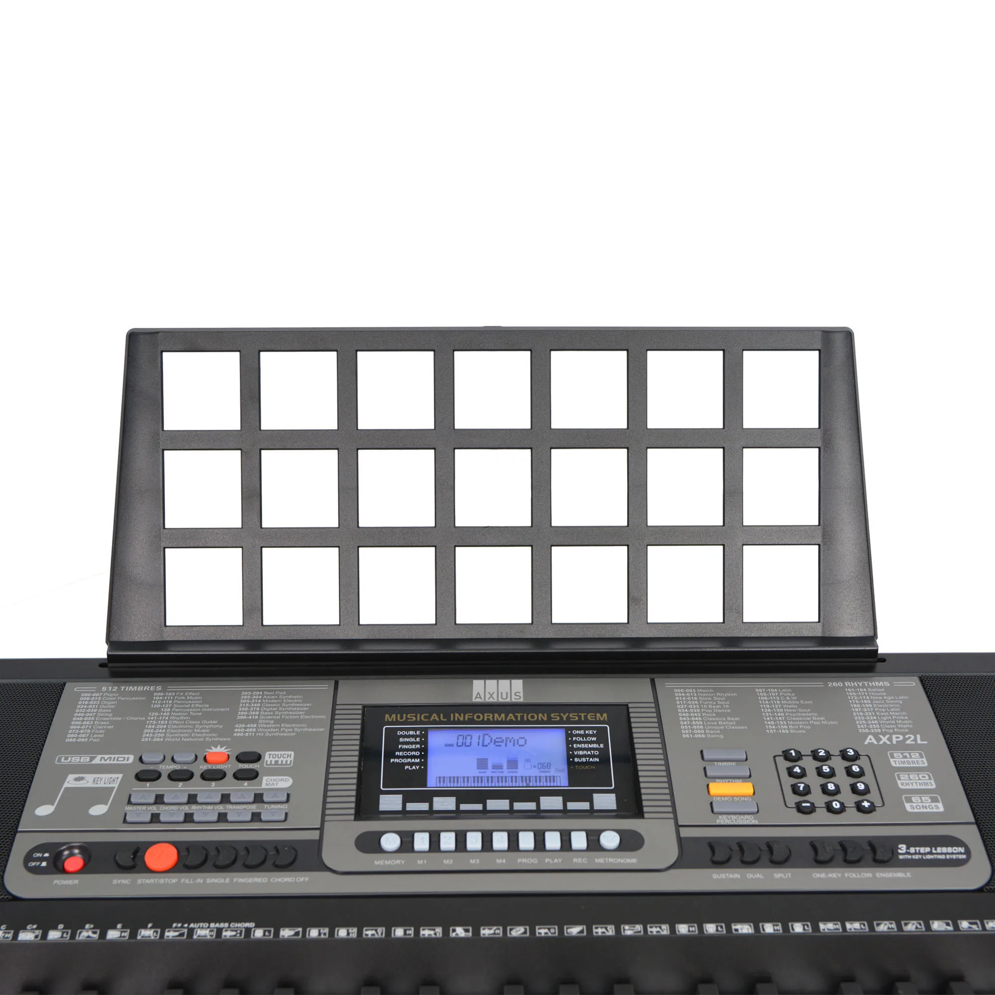 Axus AXP2L Light Up Portable Music Keyboard 61 Keys Touch Sensitive Lesson Function with Music Rest and Power Adaptor