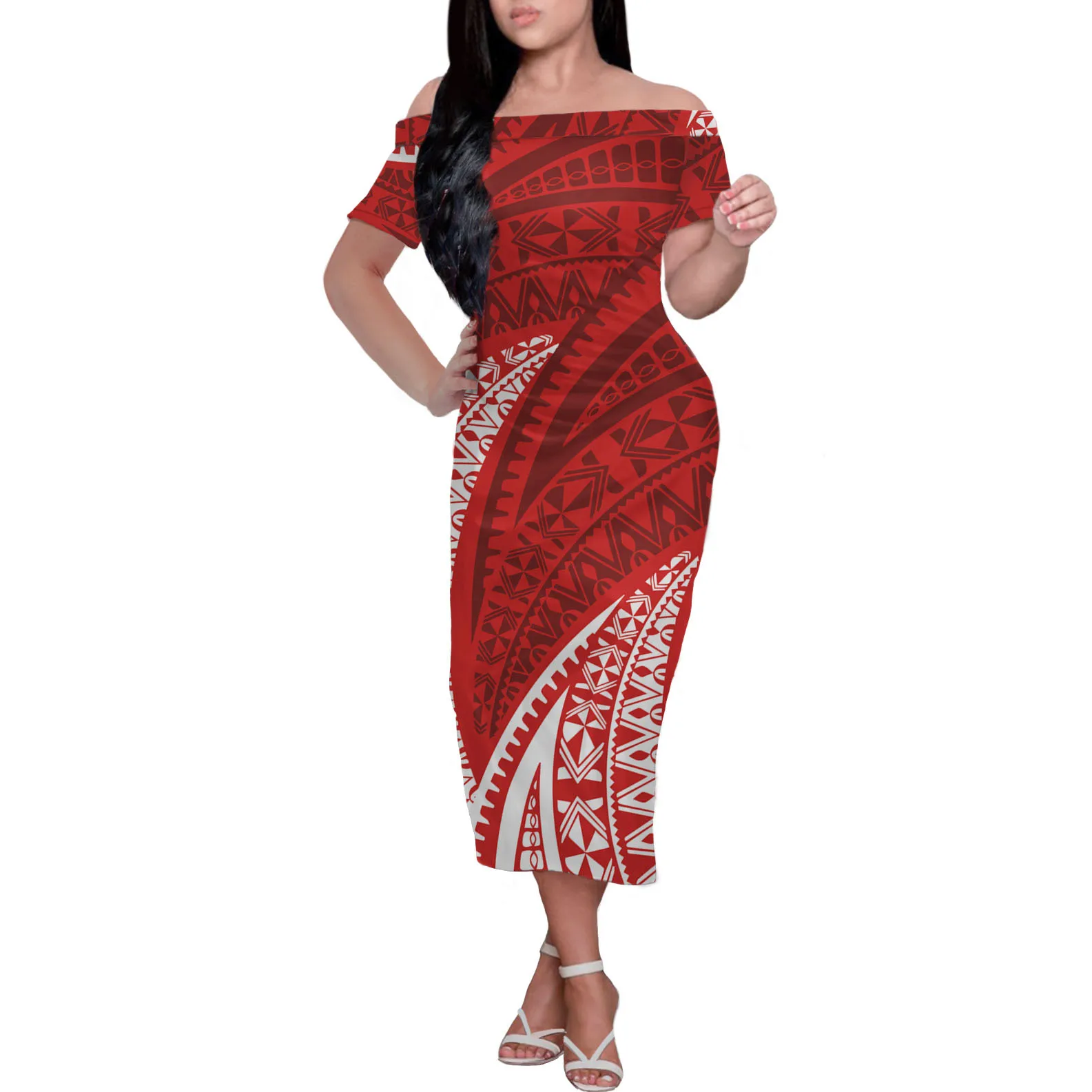 Samoan Tribal Polynesian Printed Collection Short Sleeve Covering Legs Plus Size Ladies Elegant Dress