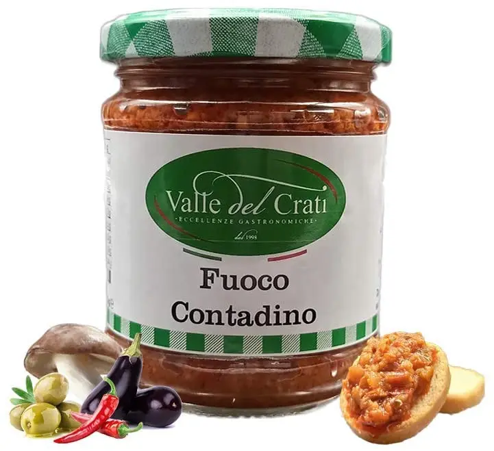 Peasants fire Cream with Spicy Calabrian Pepper Cream Aubergines Rositi Mushrooms and Green Olives | 180 gr