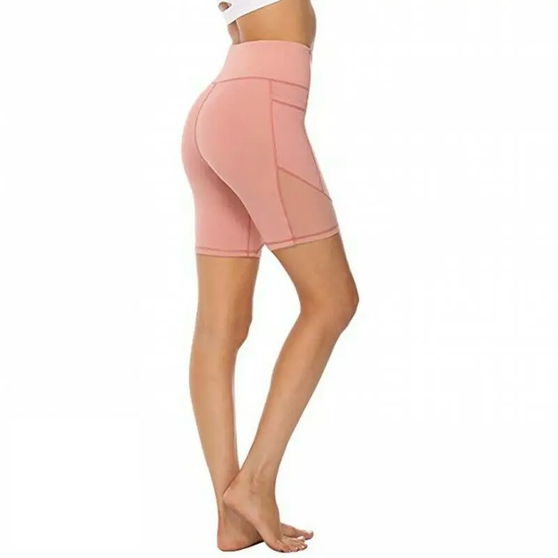 Women Sports Yoga Shorts with mobile Pocket High Waist Compression shorts base layer Slim Fit Tight Pants for women on wholesale