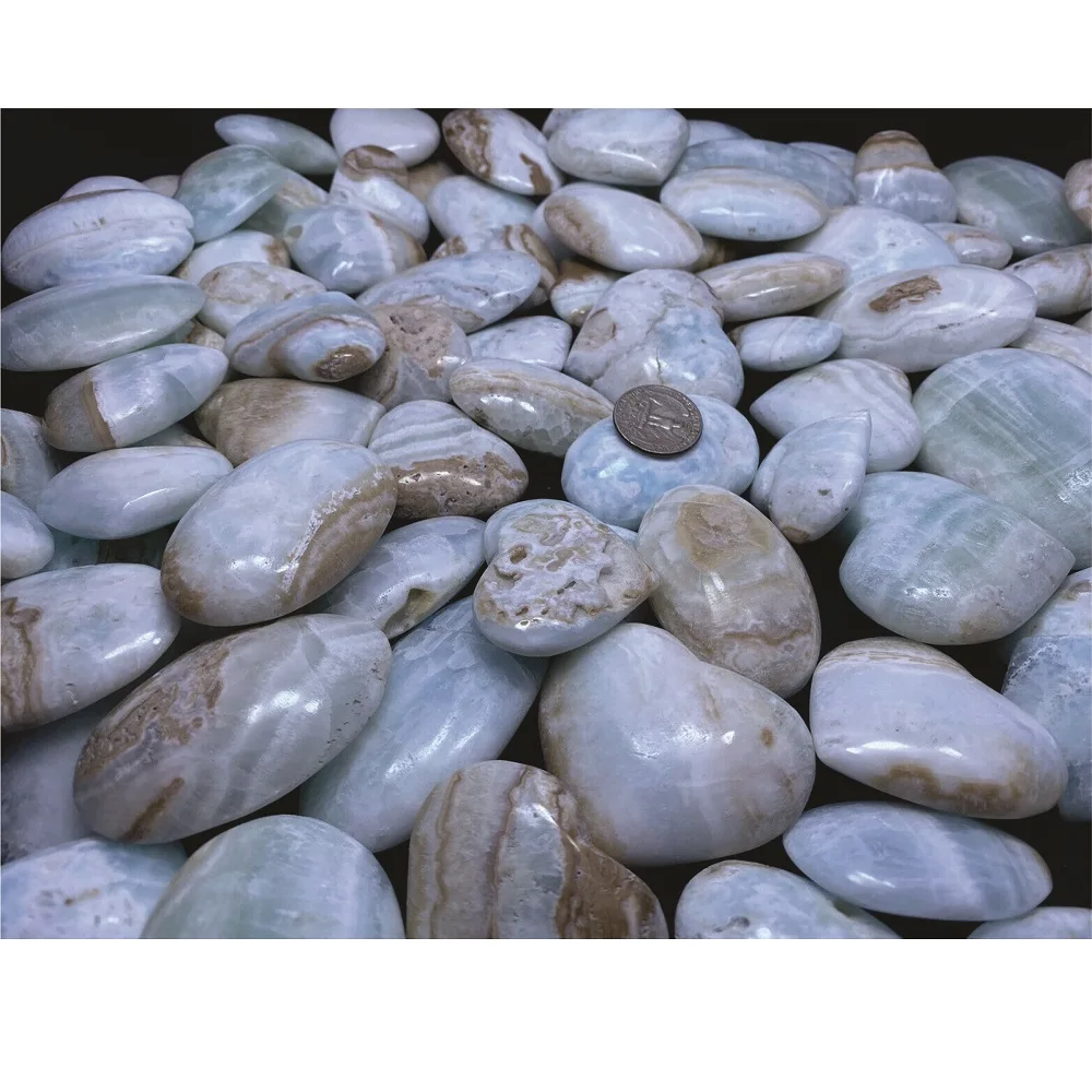 High Quality Natural Blue Calcite Handmade Palm Stones Showpieces Polished OEM Gemstone Healing Crystal Craft from Pakistan.