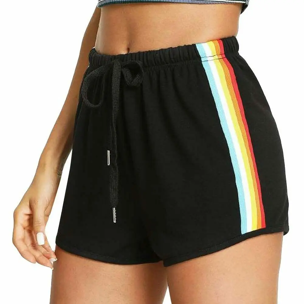 Custom Women Exercise Gym Shorts Professional Sports Rainbow Print Lace Up High