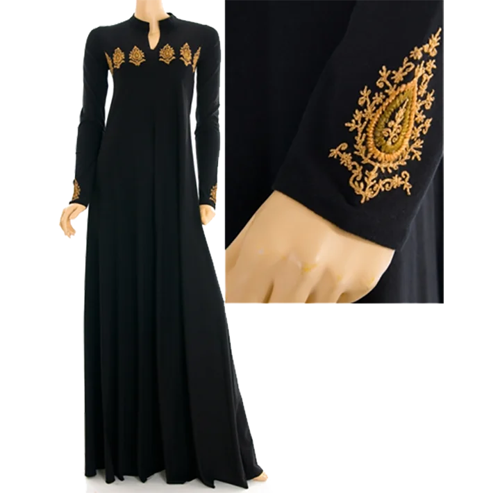 Eco-friendly Bamboo or Organic Cotton Option Embroidered Golden Paisley Sleeves Abaya for Muslim Women for Casual Wear