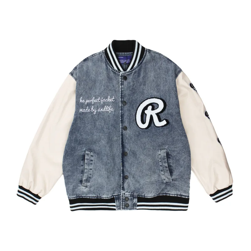 American Retro Hip Hop jacket Love Washed Denim PU Leather Sleeves Embroidered Oversize jacket Baseball varsity jacket Unisex