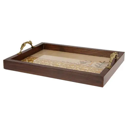 Wooden Tray Rectangle with Decal print & Metal Handle Chess  Brown BY KSN