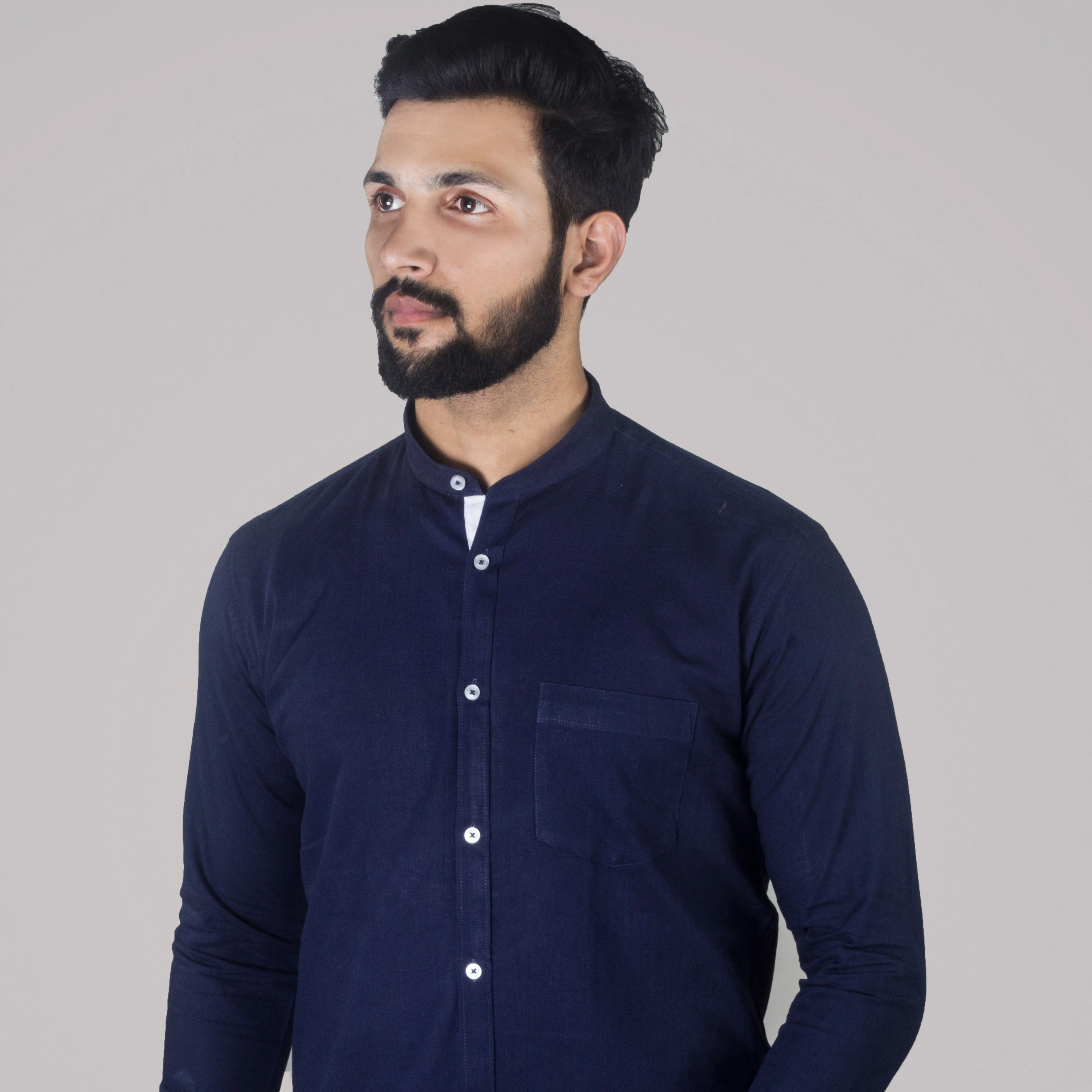 
Голубая льняная Простая рубашка с воротником-стойкой для мужчин, повседневная одежда 