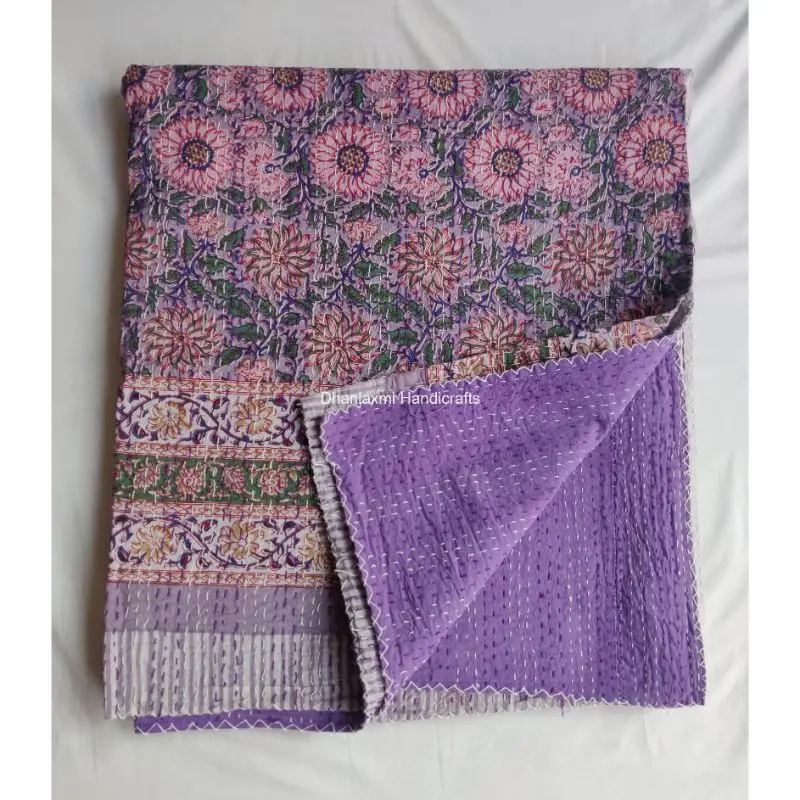 Индийское Хлопковое одеяло kantha с цветочным принтом ручной работы оптовая продажа светло-зеленое покрывало