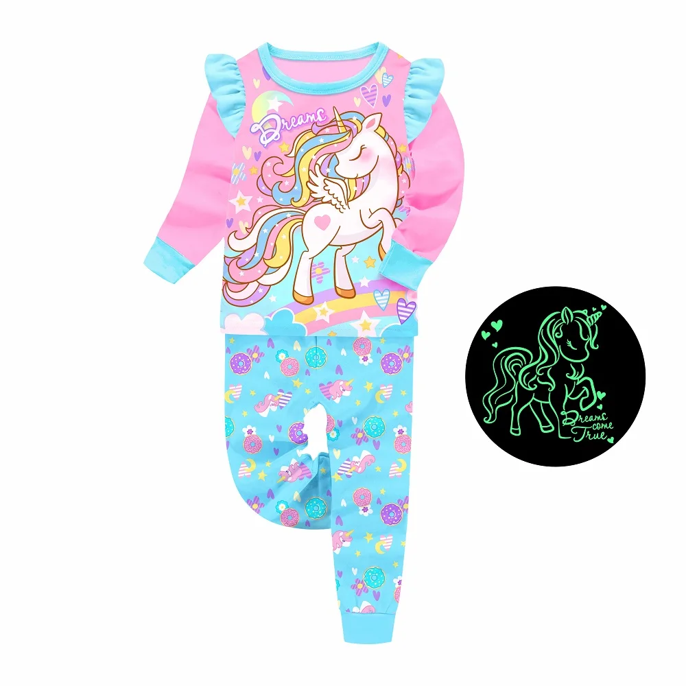2 PCs Designer Children Girls princess Nightwear Sleep Wear glow in the dark kids pajamas