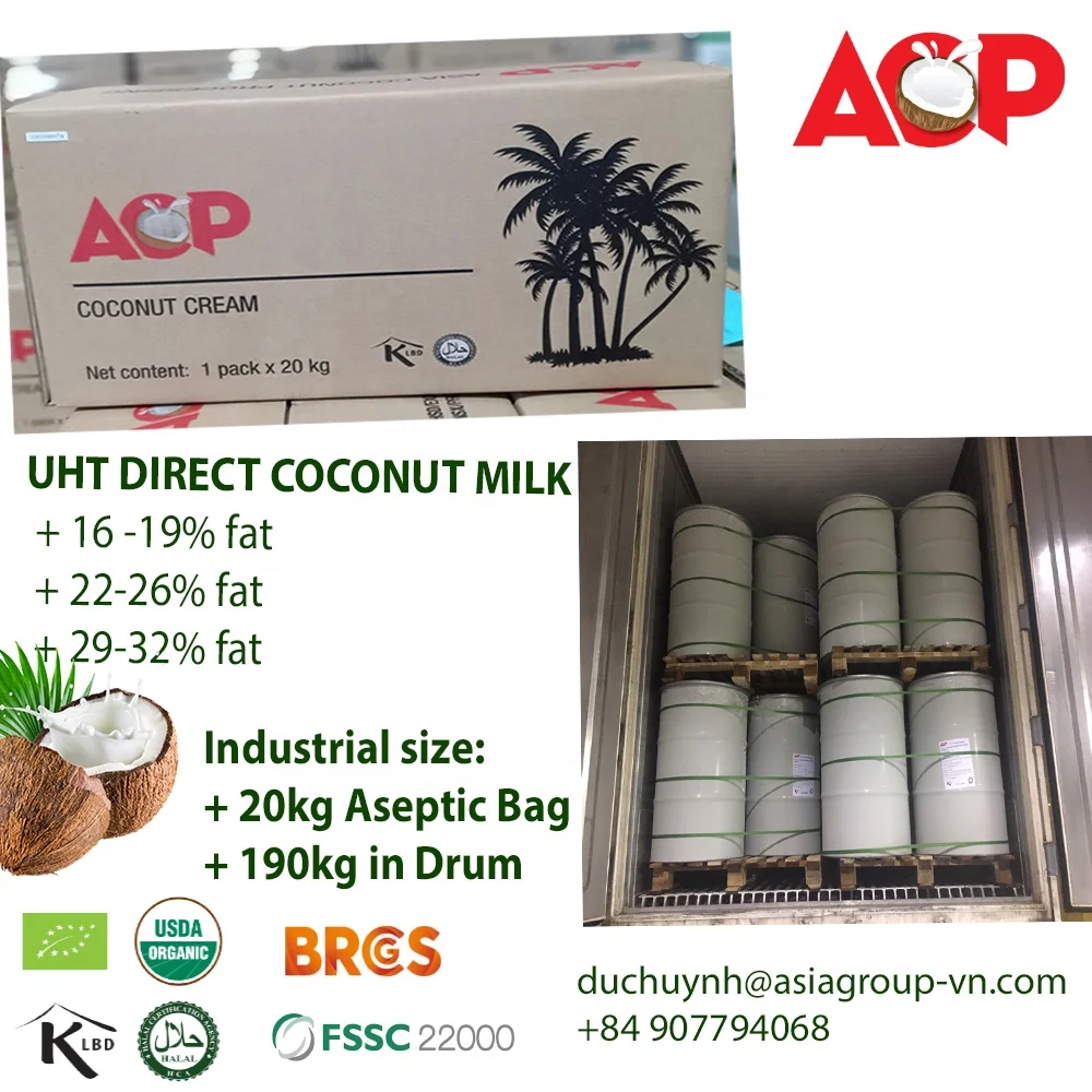 
UHT Coconut Milk/ Cream for industrial / retail size - Aseptic bag 20kg or drum 190kg, 1000ml, 330ml 