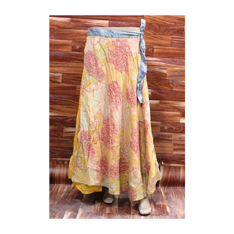 Hot Selling Beautiful Orange Color Vintage Recycled Silk Sari Wrap Around Skirts with Casual Belt and Lovely Printed Design