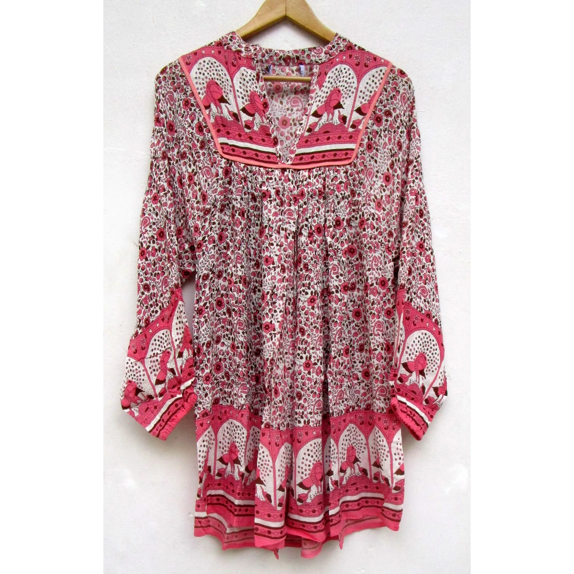rayon pink birds and floral printed boho hippie stand collar neck maxi dress