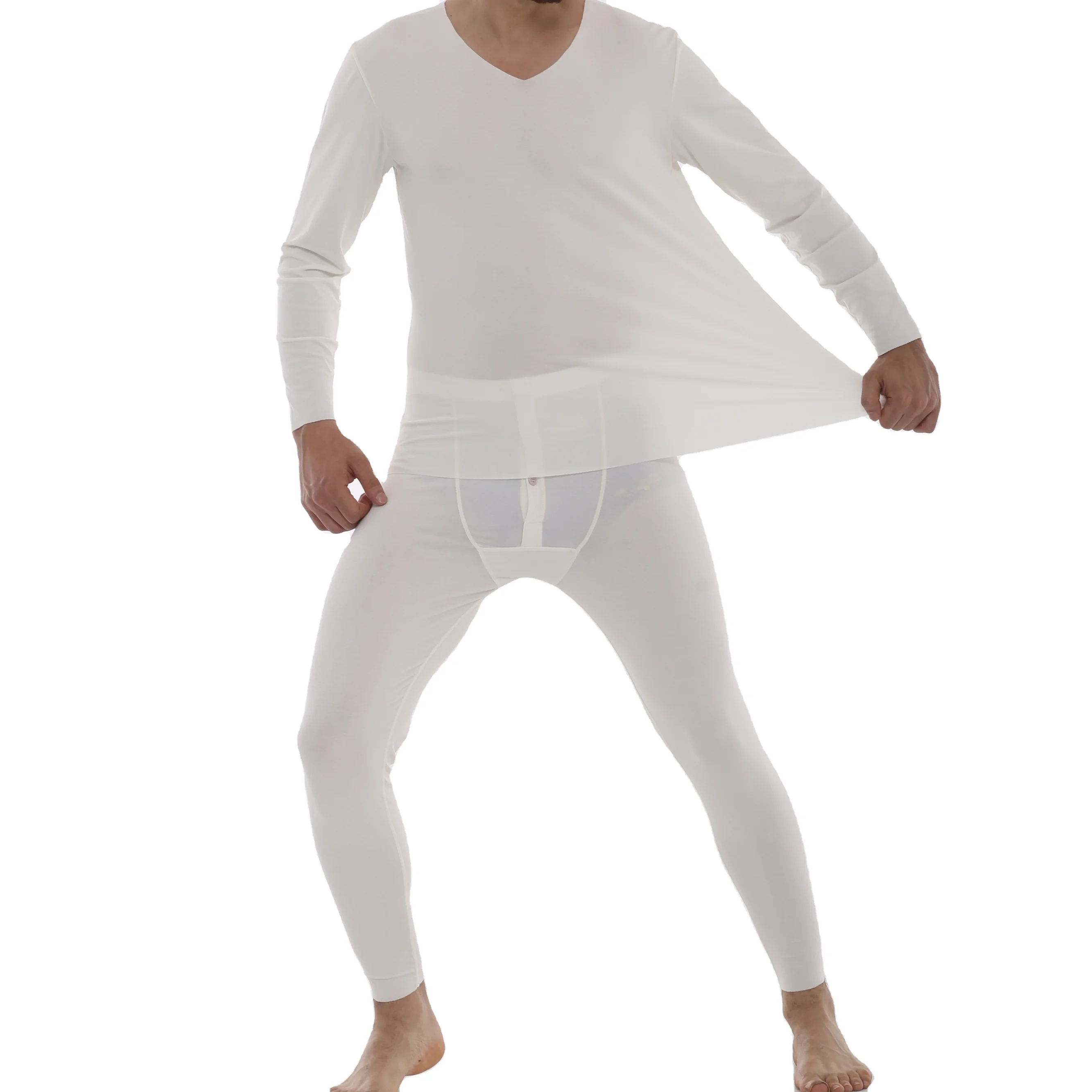 
Modal Easy Cut V-neck Collar Cozy Cotton Long Sleeve Shirts Underwear Set Lingerie Set Men Viscose Cotton Spandex Dark White 