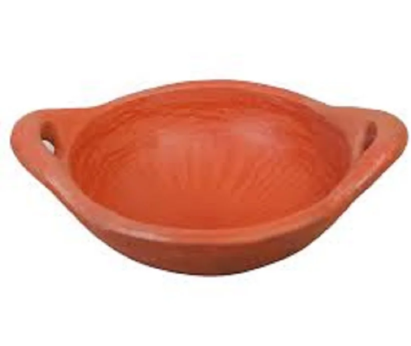 
High Quality Handmade Terracotta Clay Gas Cooking Deep Fry Pan/Kaadai/Handi with Aluminium Handle 