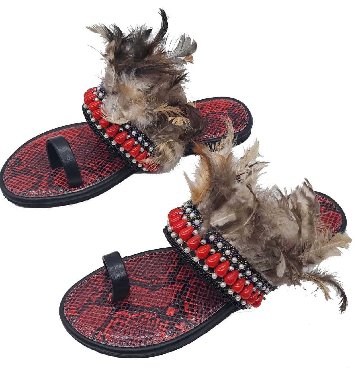 Ethnic Snake Print Ethnic Boho Fashion Style Feather Decoration Crystal Beaded Women Leather Flats Sandal Flip Flop Slippers