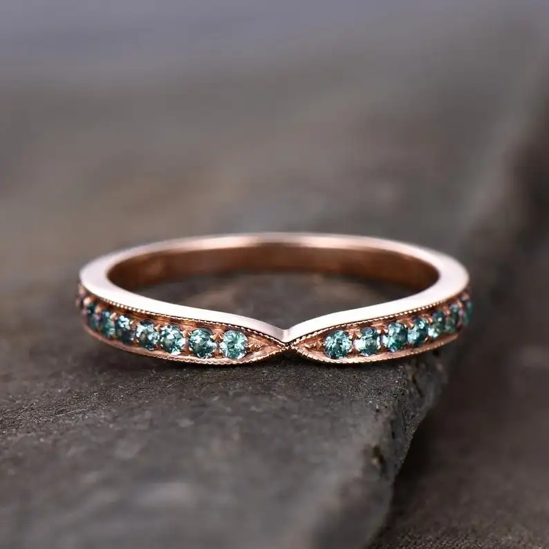 Alexandrite Ring Curve Wedding Band Chevron Ring Sterling Silver Eternity Band Stacking V Ring June Birthstone Rose Gold Plated
