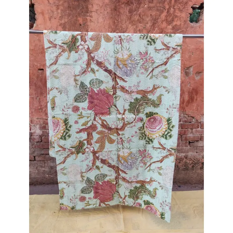 Новое Хлопковое одеяло Kantha ручной работы в индийском стиле небесно-голубого цвета с цветочным принтом красивое домашнее украшение оптом покрывало