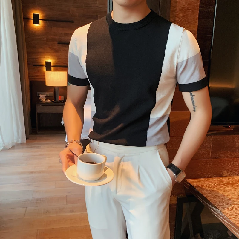 Custom logo printing design mens tshirt summer British style knitting T-shirt