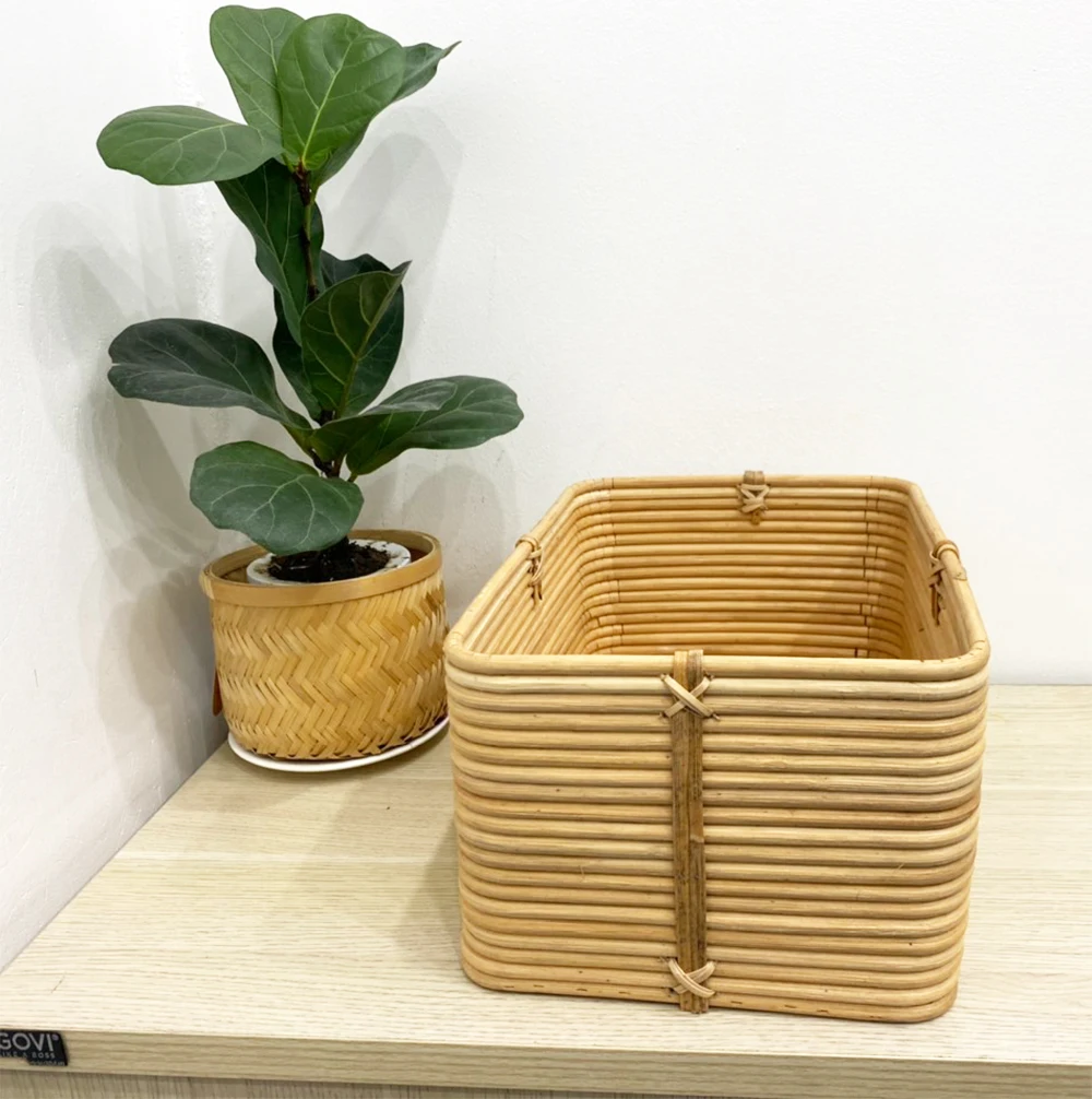 Hot trend natural light yellow rattan storage basket wicker storage box cane basket woven use for storageing books toys clothes