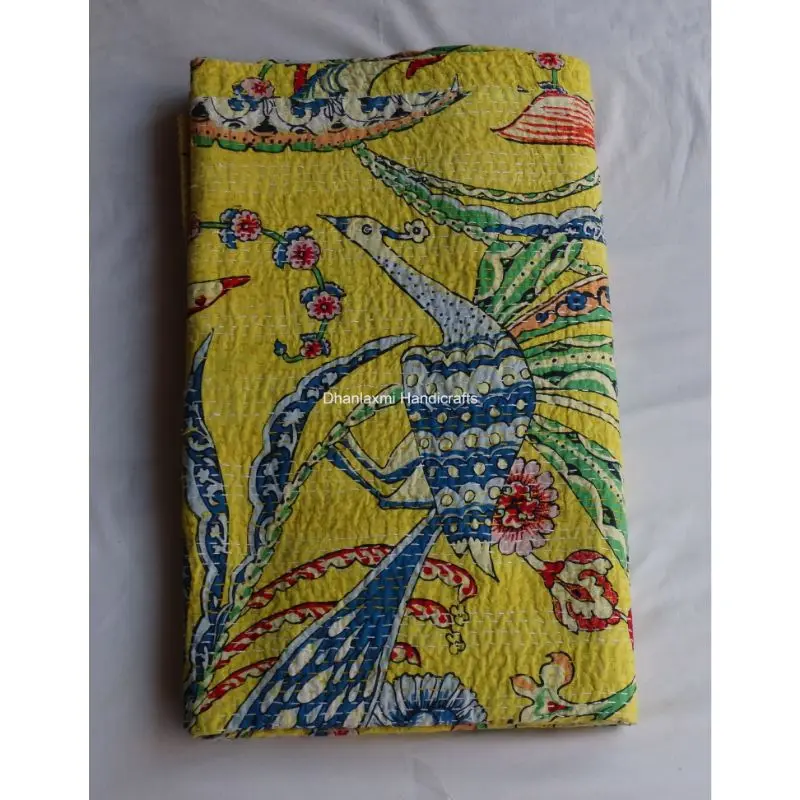 Новое индийское желтое Хлопковое одеяло Kantha с цветочным принтом ручной работы красивое цветочное домашнее украшение оптовая продажа покрывала