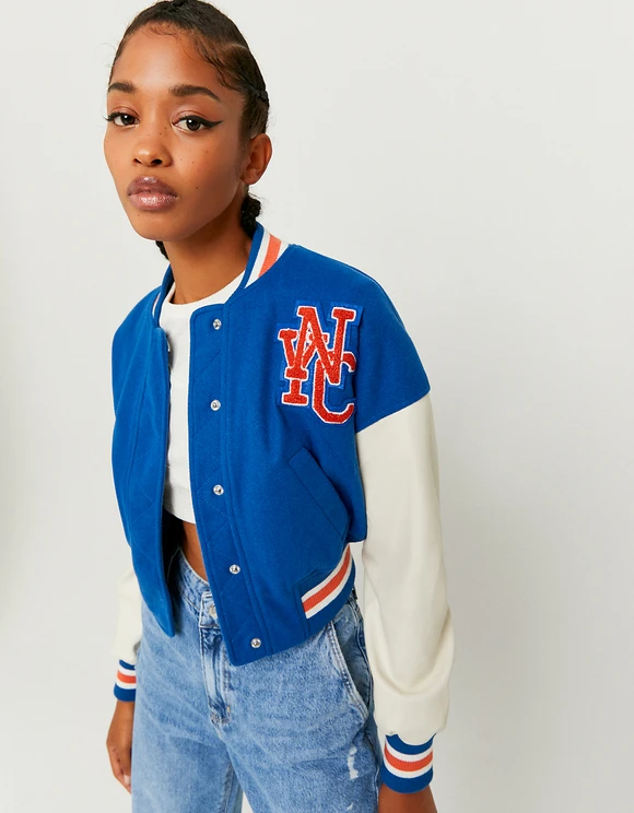 2021 UNIVERSITY BLUE LETTERMAN CROPPED VARSITY JACKET