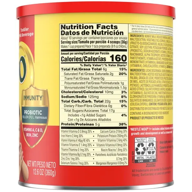 Nestle NIDO Kinder 1+ Toddler Powdered Milk Beverage - 12.6 Oz Canister - Shelf Stable Toddler Drink 12.698 oz.