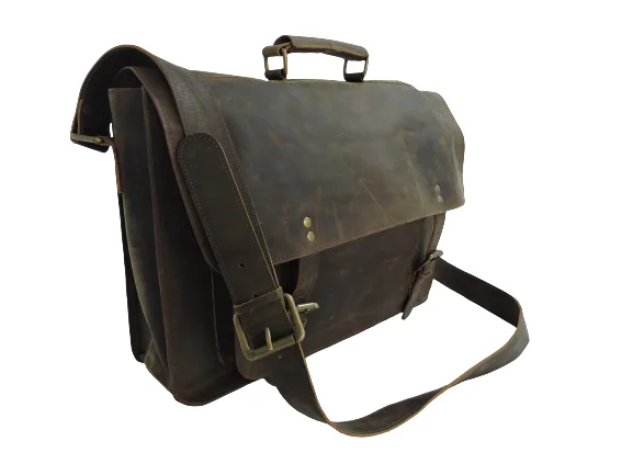 Unisex Customised High Quality Genuine Buffalo Leather Laptop Briefcase Travel Messenger Bag Flap Closer Chains Custom Daily Use