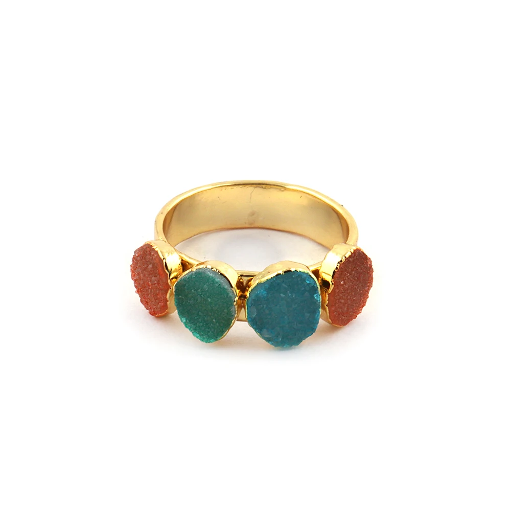 18k Gold Plated Peach, Brown And White Druzy Gemstones Adjustable Ring Three Stones Women Engagement Jewelry.  Mode Joyas R-002