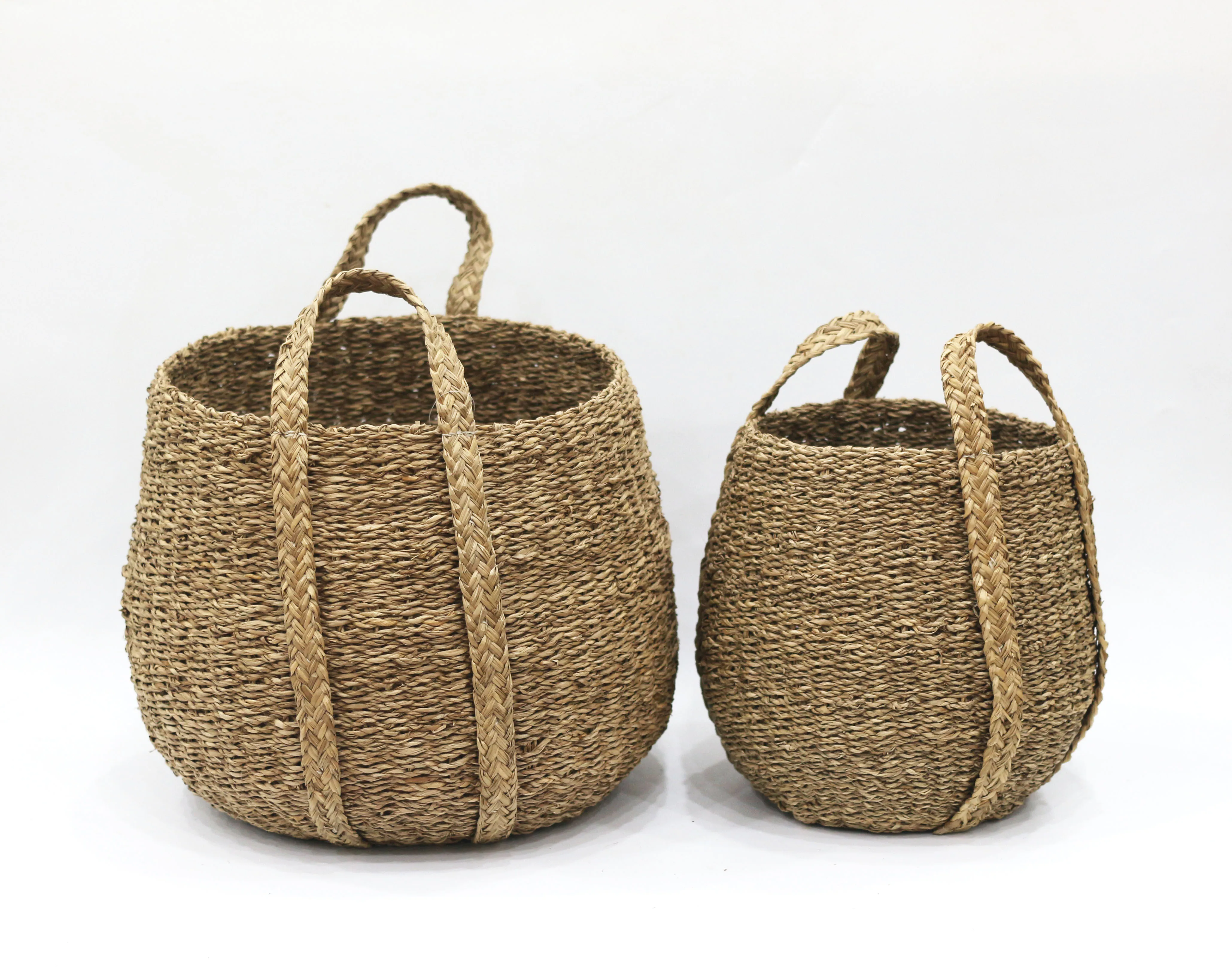 Hot-selling big round woven straw seagrass belly basket for laundry storage or planter pot