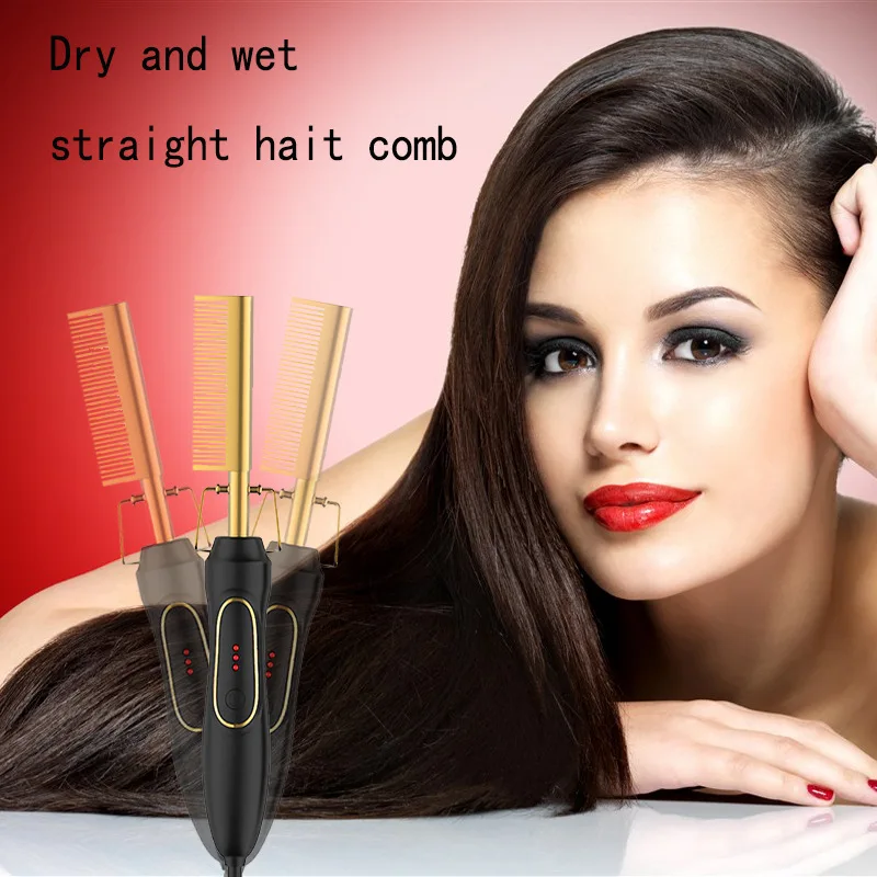 Bling Air High Temperature Handle Hair Straightener Pressing Combs Heating Heat Electric Gold Heated Styling Gear Hot Iron Comb