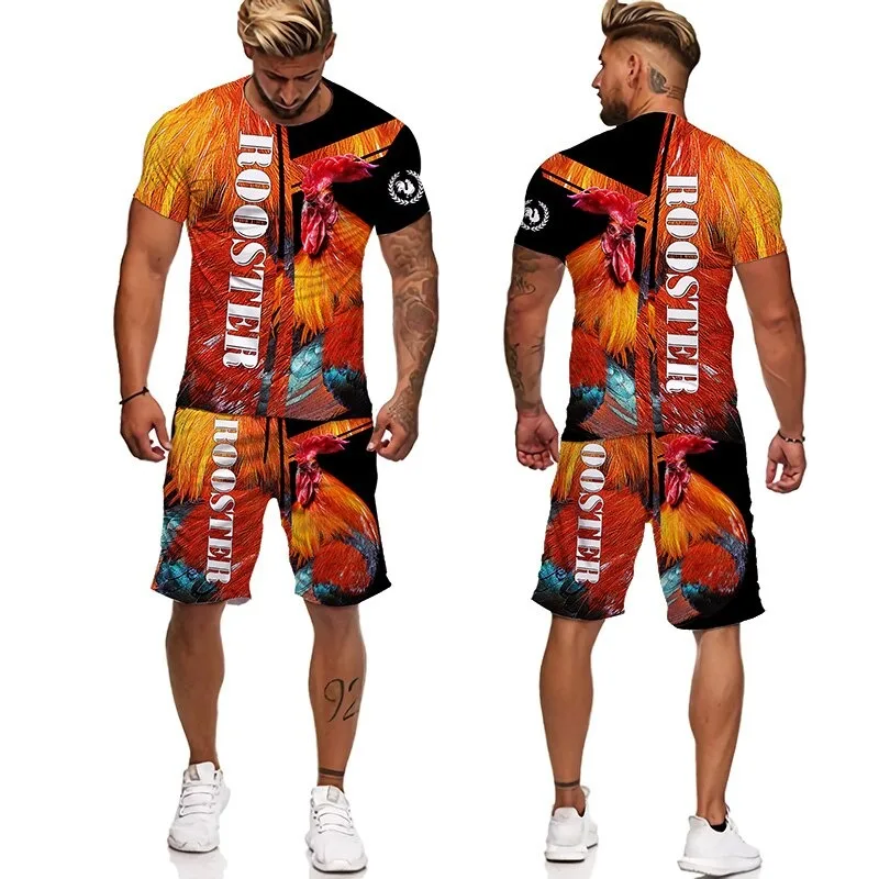 Men Tracksuit 2 Piece Set For Summer Short Sleeve Male Cool Chicken Cock 3D Print T-shirts And Shorts Casual Men Suit