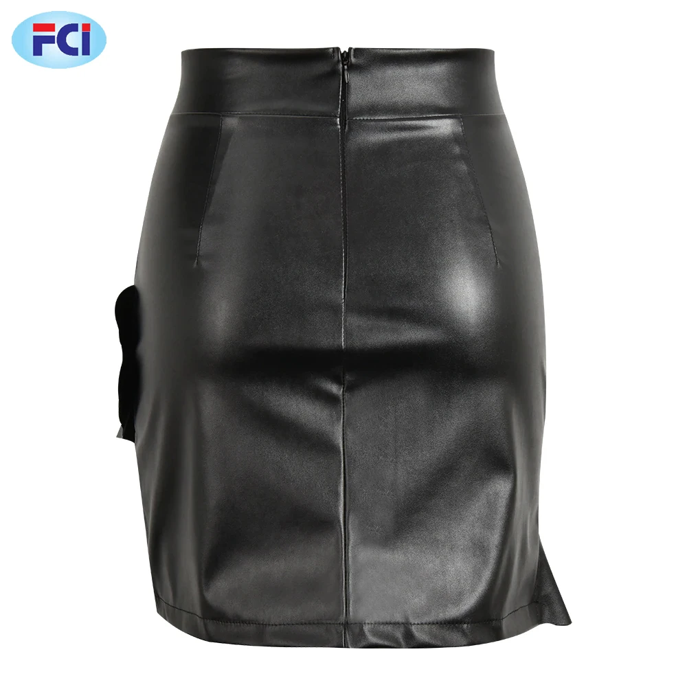 Ladies Vintage Ruffles Irregular Skirt Sexy PU Leather Party Skirts Solid Bodycon Pencil Mini Female Faux Leather Skirt