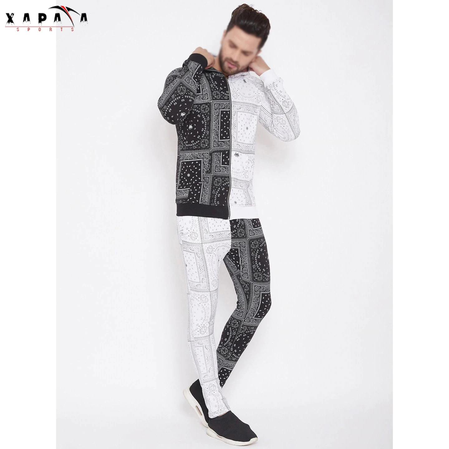 Professional High Quality Men Tracksuit Men White & Black Ethnic Motifs Printed Slim-Fit Tracksuit By XAPATA SPORTS