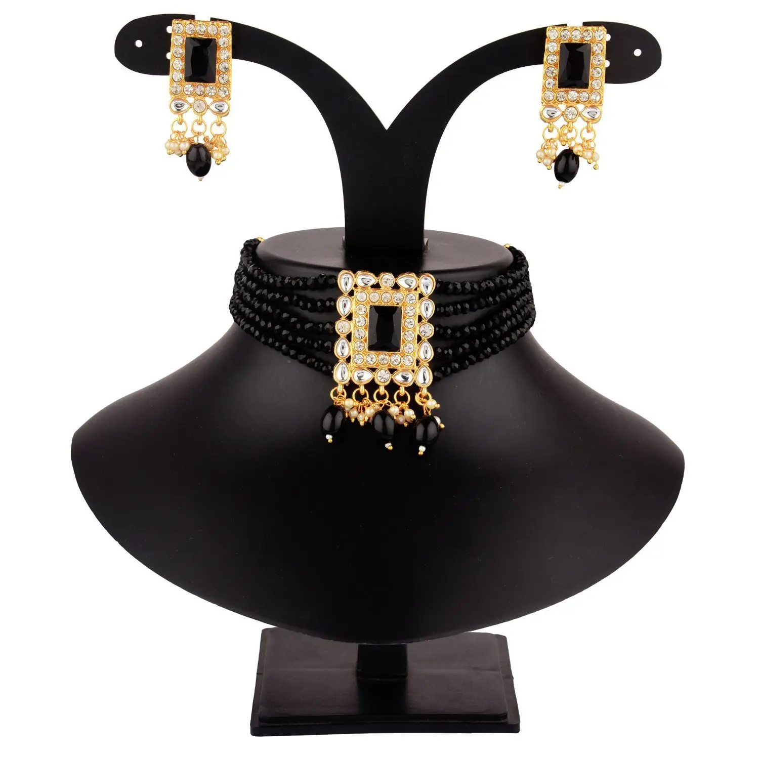 Manufactures Faux Pearl Beaded Crystal Choker Necklace Earrings Bridal Jewelry Set For Women, Black