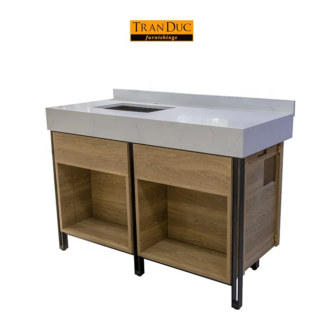 
Wooden hotel bathroom vanity with marble surface in white - hotel furniture 5 star 