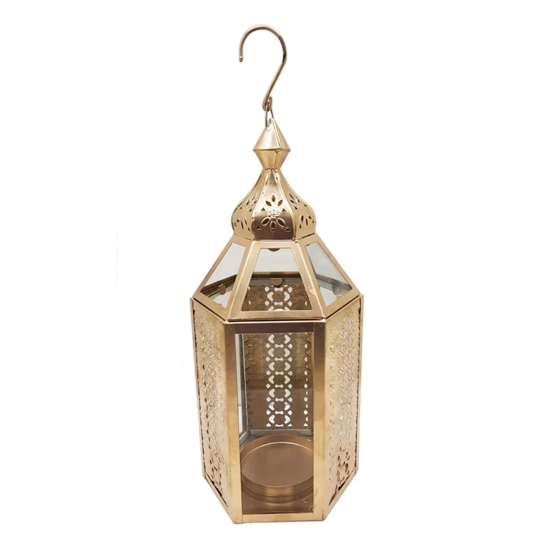 Wedding Decorative Glass & Iron Hanging Moroccan Lantern With Jambo T-Light Holder Large Size Gold Colour For Table Top Decor