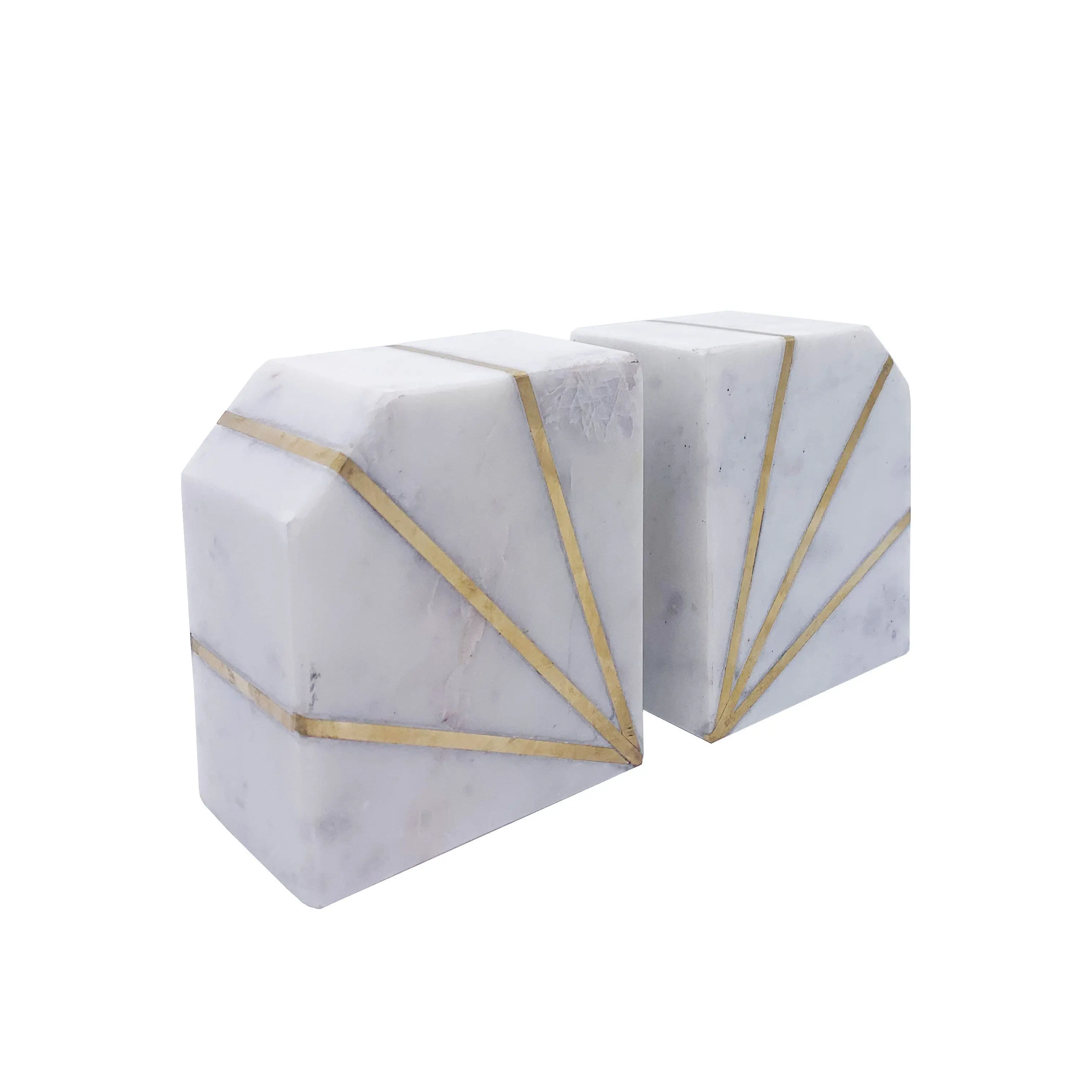 Custom marble stone column style bookend set for bookcase small home office use with marble brass inlay at wholesale price