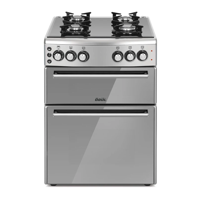 Black Glass Top Table 4 Gas Burners Gray Body Mirrored Glass Doors Double Cavity Highline Series 60x60 Free Standing Oven