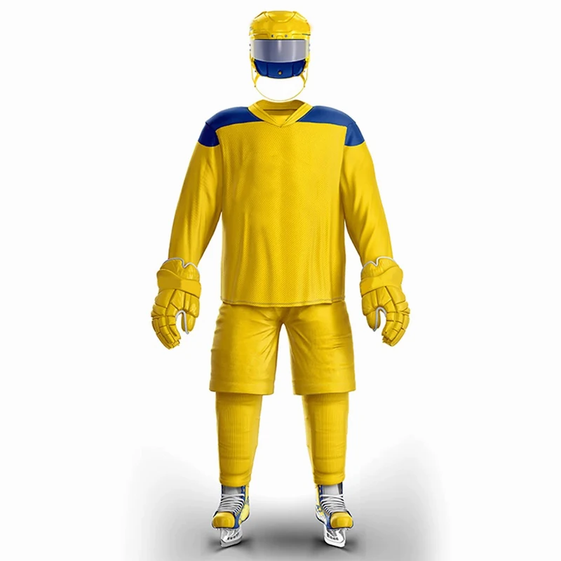 Однотонная мужская униформа для хоккея с шайбой желтого цвета полиэстер изготовленная на заказ команды