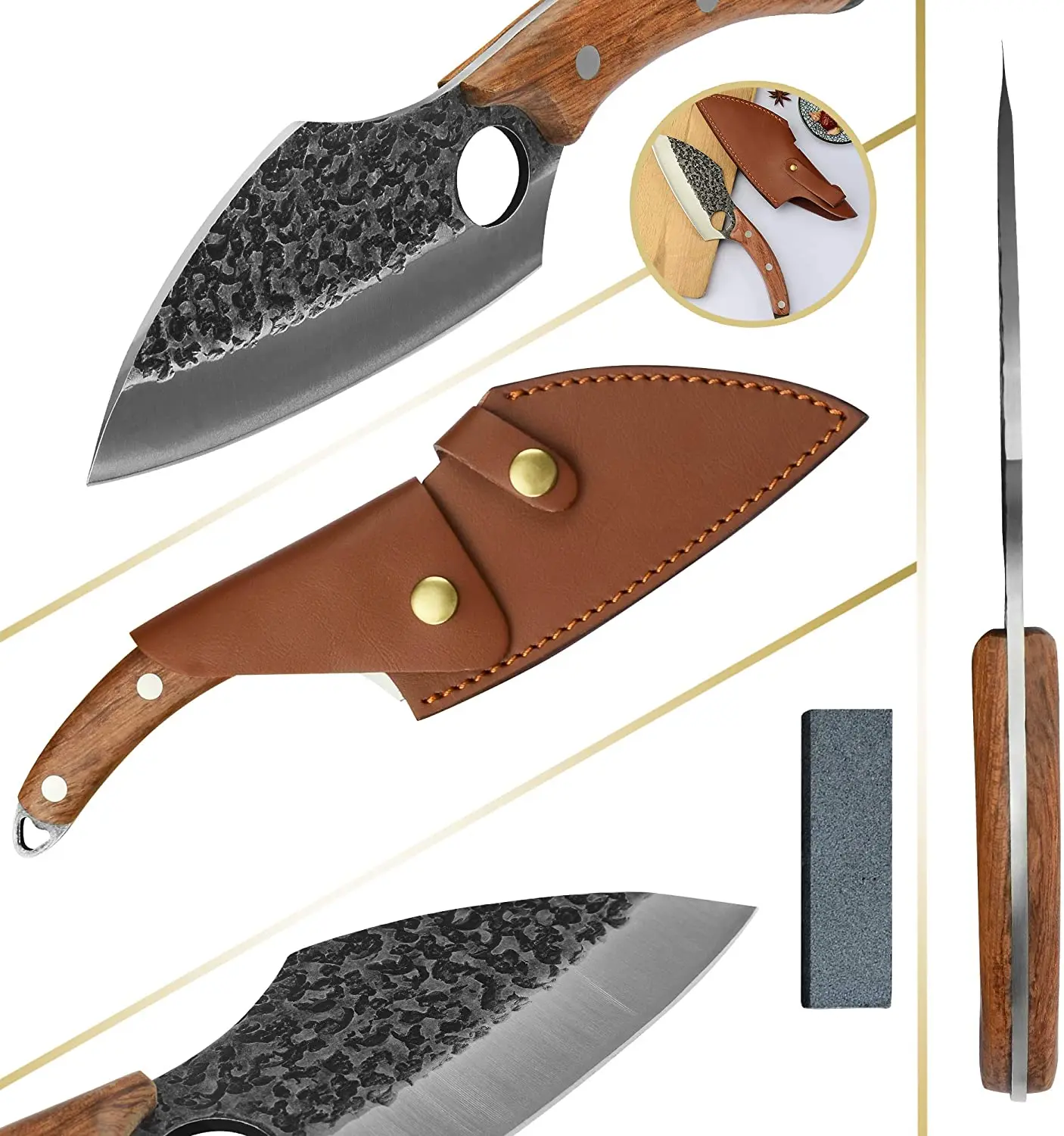 
6 inch Boning Knife Full Tang Handmade Forging Carving Knife 1095 Carbon Steel Blade with Soft Leather Sleeves for Carrying 