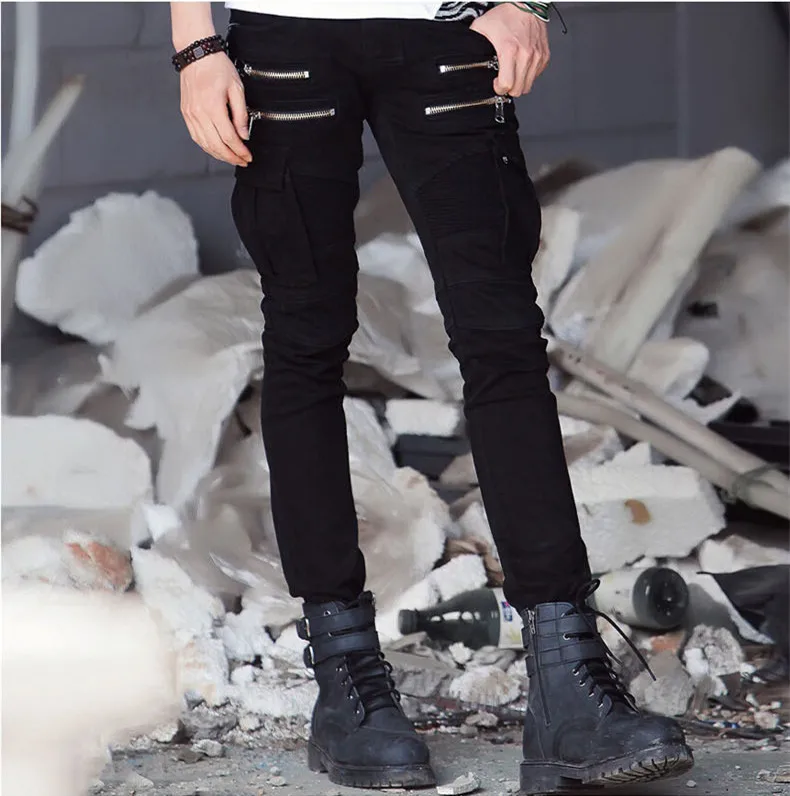 Male jeans trouser hip hop streetwear oem custom distressed skinny denim mens army green biker jeans men with zipper