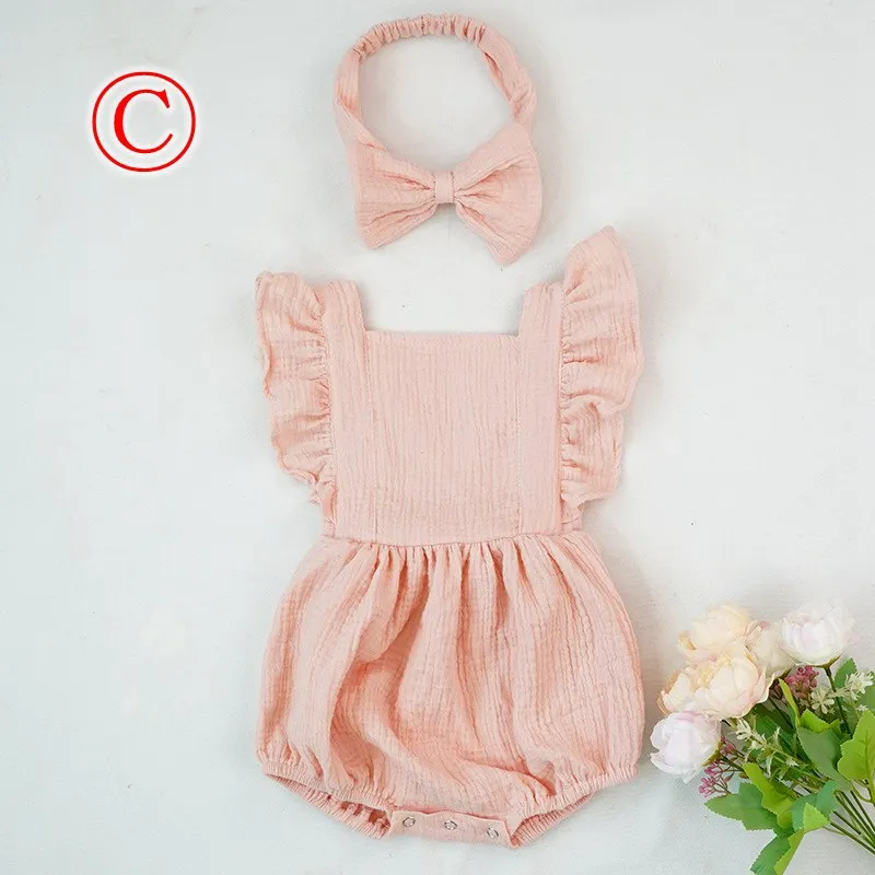 
New 100% Cotton Baby ruffle rompers Climbing Clothes Lotus Leaf Lace Summer Clothing Girl Baby Romper Hair Band Set 