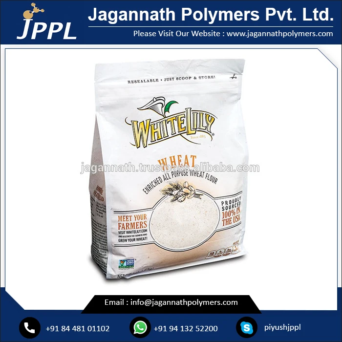 Custom Printed Rotogravure Printing 2 Layer Laminated Milky White Colour High Strength Upto 10 Kg Flour Pouches
