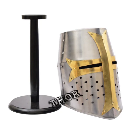 Medieval Era Brass Crusaders Templar Premium Steel & Brass Helmet  Props & Head Leather Wear Helmet