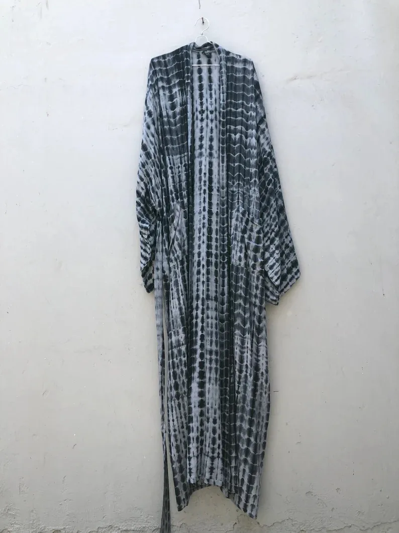 Gypsy Resort Wear Tie Dye Long Sleeve Side Pocket Ankle Length With Belts Women Kaftan Batik Beach Dress