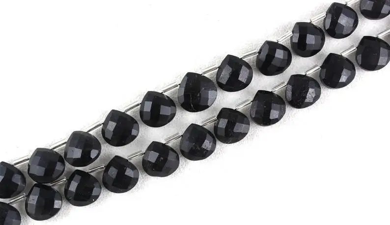 Top Quality 14 Pieces Strand Natural Black Tourmaline Gemstone Faceted Heart Shape Briolette Beads Wholesale